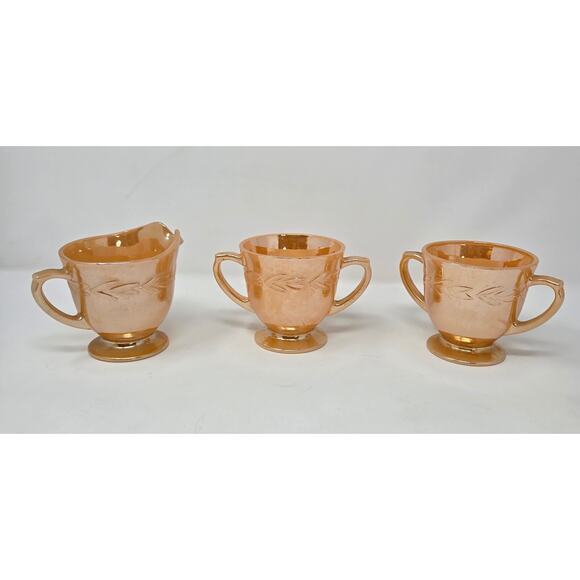 Vintage Anchor Hocking Fire King Peach Luster Laurel Leaf Cream & 2 Open Sugar - Picture 1 of 16
